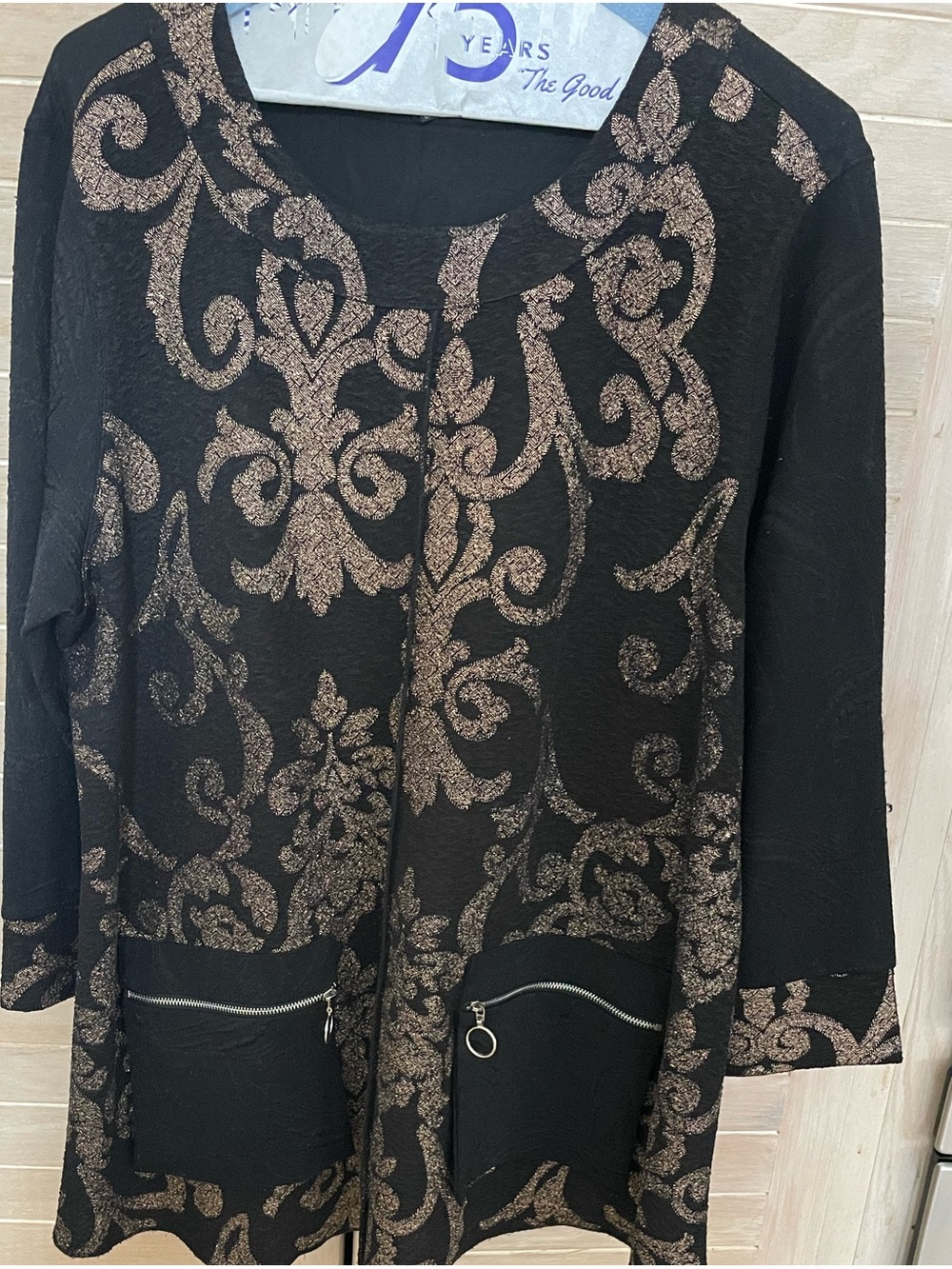 Elegant Black Sweater Tunic with Metallic Bronze Scroll Pattern XL